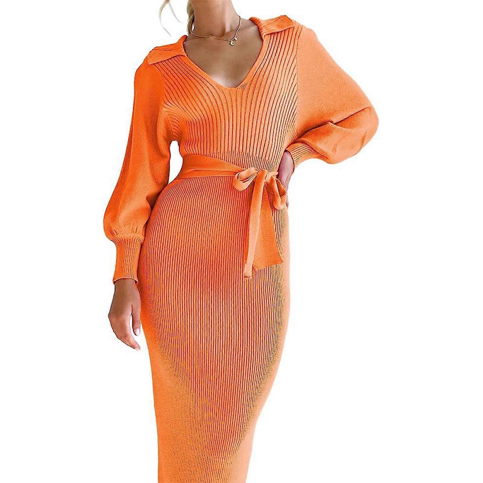 Women Sweater Dress Long Sleeve V Neck Ribbed Knit Bodycon Maxi Dresses  Casual Fall Long Dress Slim Fitted Pencil Dress Orange S | Fruugo CZ