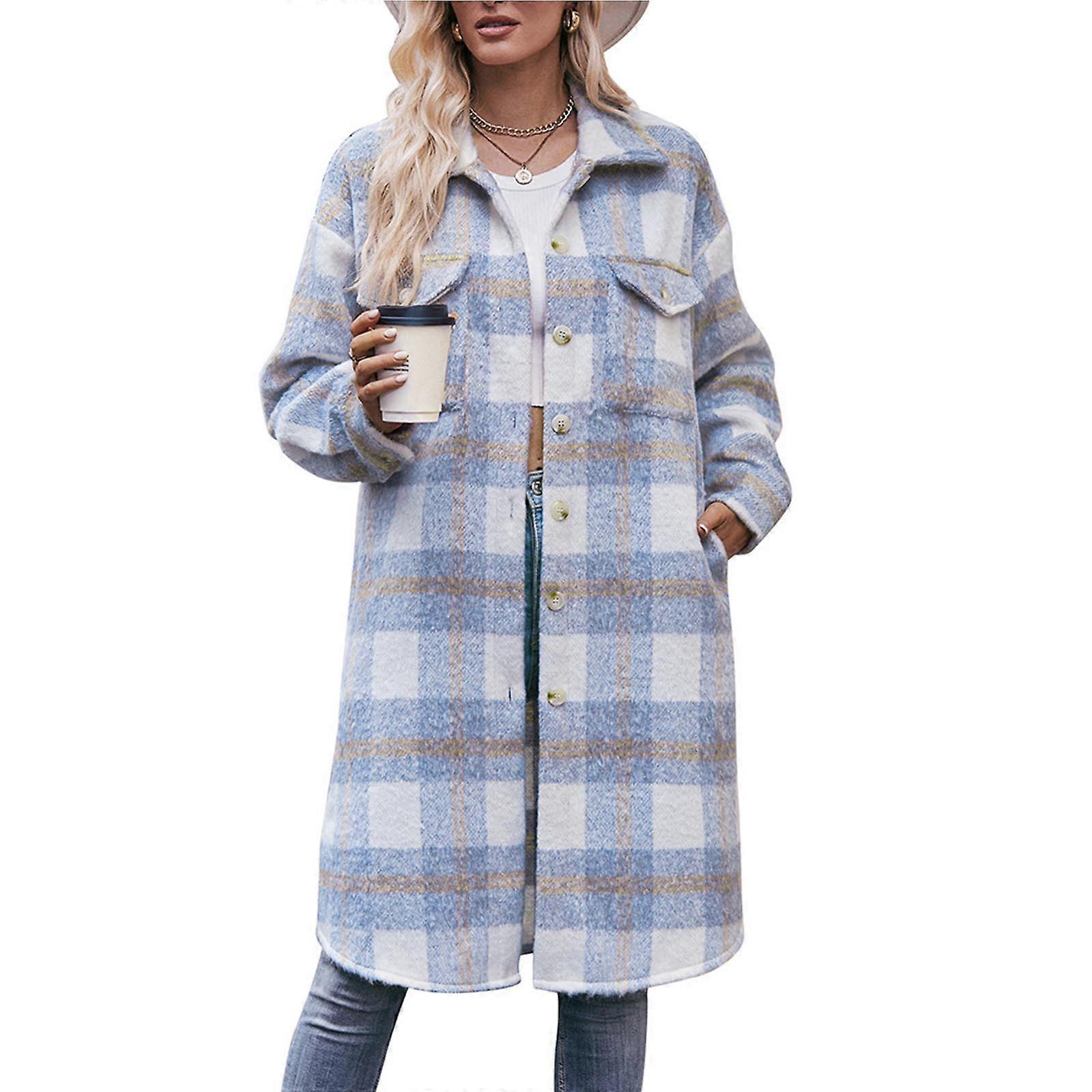Casual Plaids Mohair Jackets Button Down Long Sleeve Jackets Coat Tops MidLong Shacket Trenchs Coat Lapel Collar Jackets XL light blue