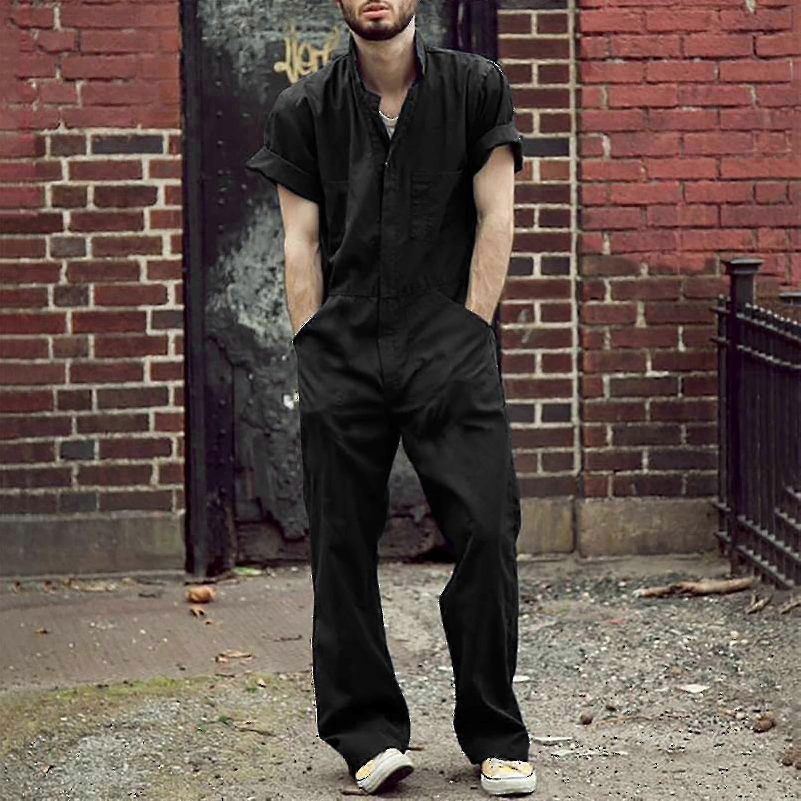 Men's Work Jumpsuit with Zipper Front & Lapel Collar - Solid Color Overalls