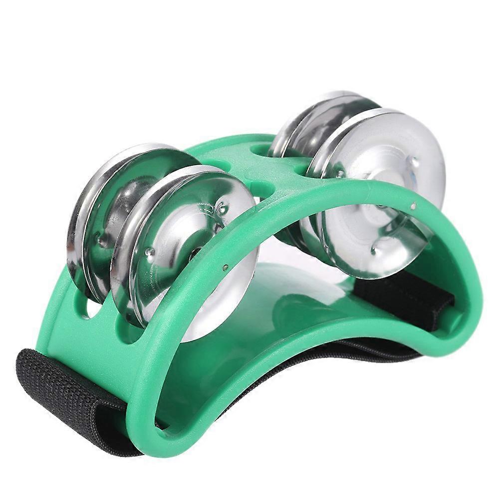 Compact Foot Tambourine with Jingle Bells, Elastic Strap, ABS Plastic Body, Nickel Plated Metal Bells, Green, for Acoustic and Jam Sessions
