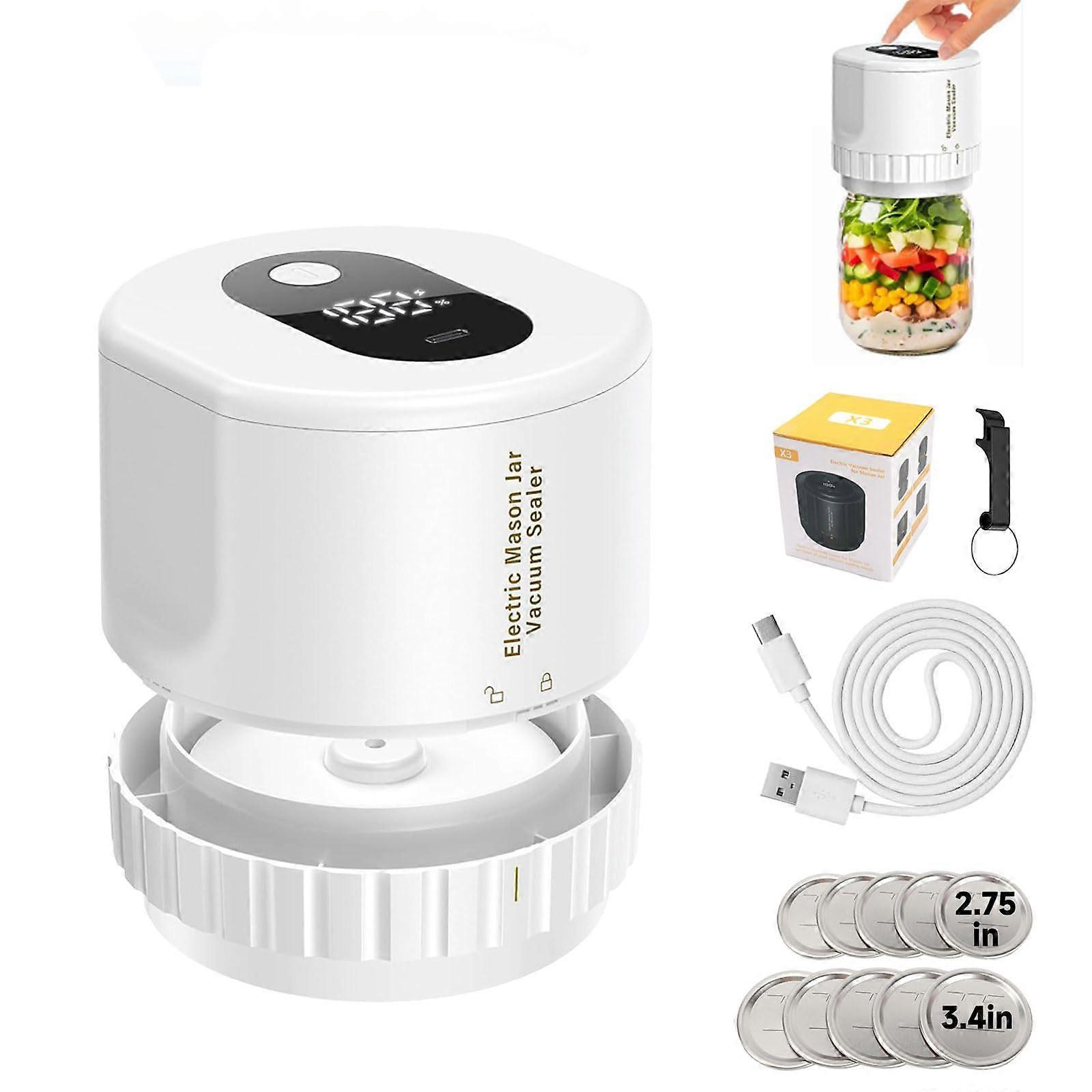 Preserving Jar Vacuum Sealer Electric for Mason Jars, Compatible with Wide & Normal Openings, Includes 10 Lids, White