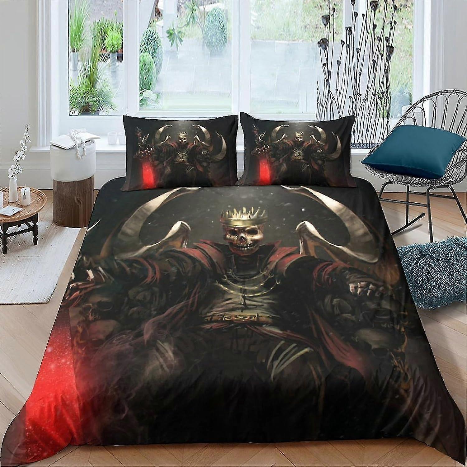 Skull 3D Printed Bedding Comforter Cover Set with Pillowcases, Soft Microfiber with Zipper Closure