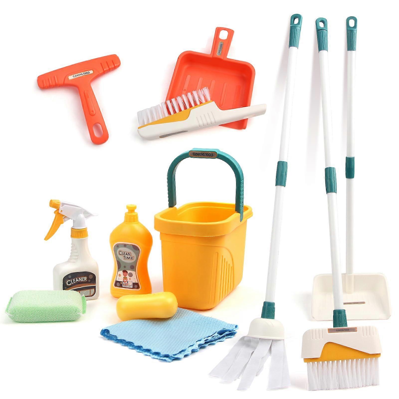 toddler cleaning set including broom, dustpan, mop, brush, scraper, sponge
