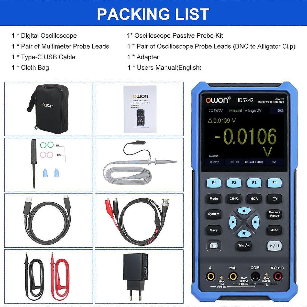 OWON Handheld Oscilloscope Multimeter 2CH 40MHz Bandwidth 20000 Counts 2-in-1 Digital Oscope Meter with 3.5-inch LCD Color Screen for Automobile Maint