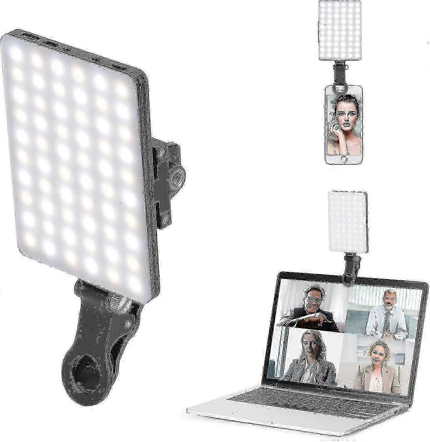Newmowa 60-LED Rechargeable Clip Video Light with Dual Clips - 3 Adjustable Modes for Phones and Laptops