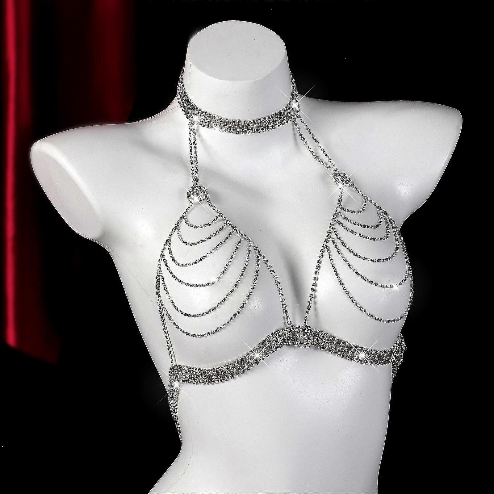 Nowy styl, błysk, moda, frędzle z kryształkami, łańcuszek na klatkę piersiową, seksowna gorąca dziewczyna, impreza w klubie nocnym, łańcuszek do bikini w kolorze srebrnym