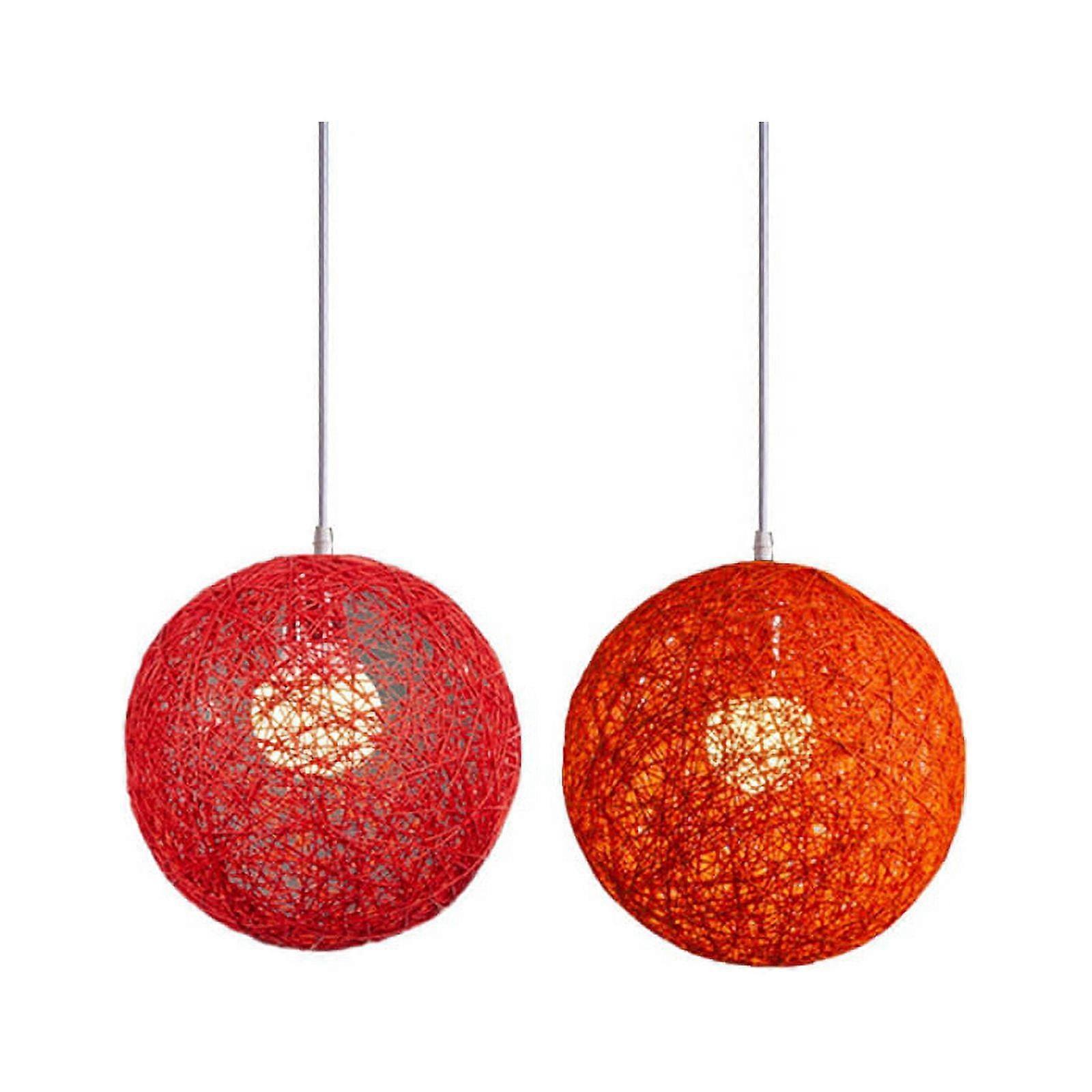 2 Pcs Rattan and Hemp Ball Chandelier Individual Creativity Spherical Rattan Nest Lampshade, Orange & Red
