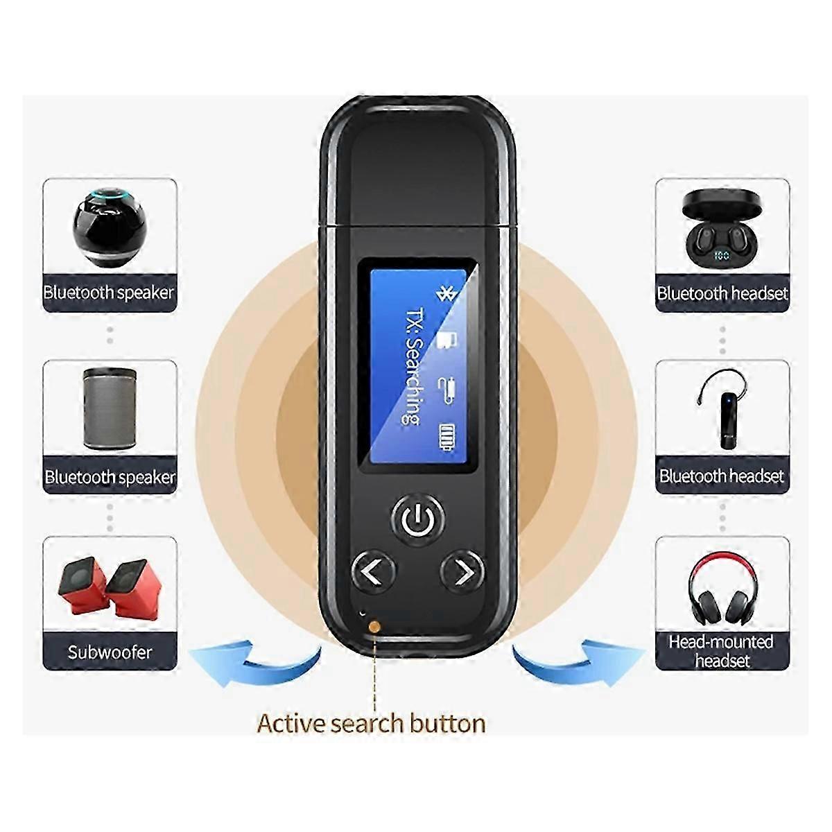 USB Bluetooth 5.0 Audio Transmitter Receiver LCD Display AUX Stereo Wireless Adapter Built-in Batter