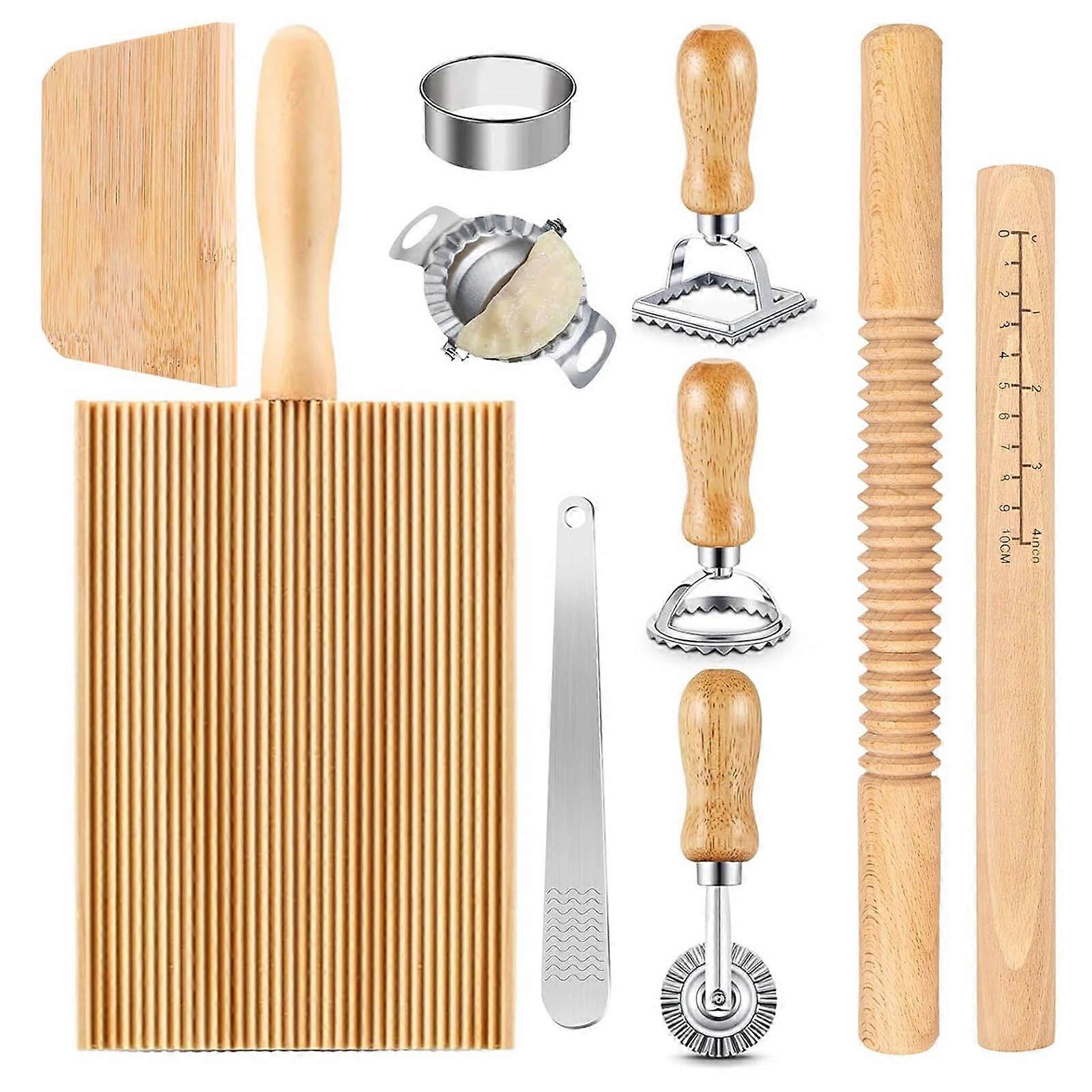 Pastas Making Set Includes Wood Rolling Pin with Scales Gnocchi Board Dough Scraper and Ravioli Stamp Dumpling Maker Multicolor