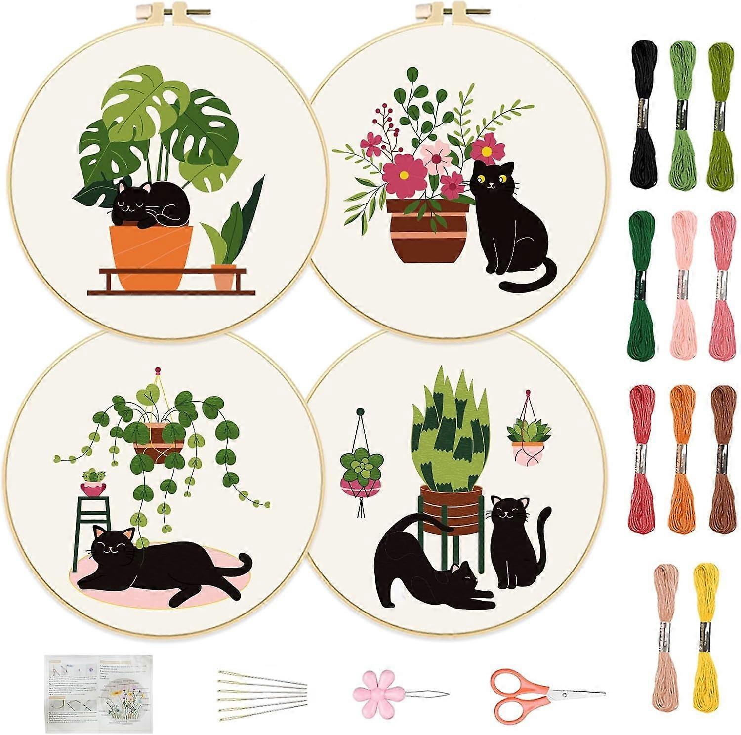 4 Set 8'' Cats & Plants Embroidery Kit for Beginners, Full Kit with Cloth, 2 Hoops, 11 Floss Colors, Instructions Included