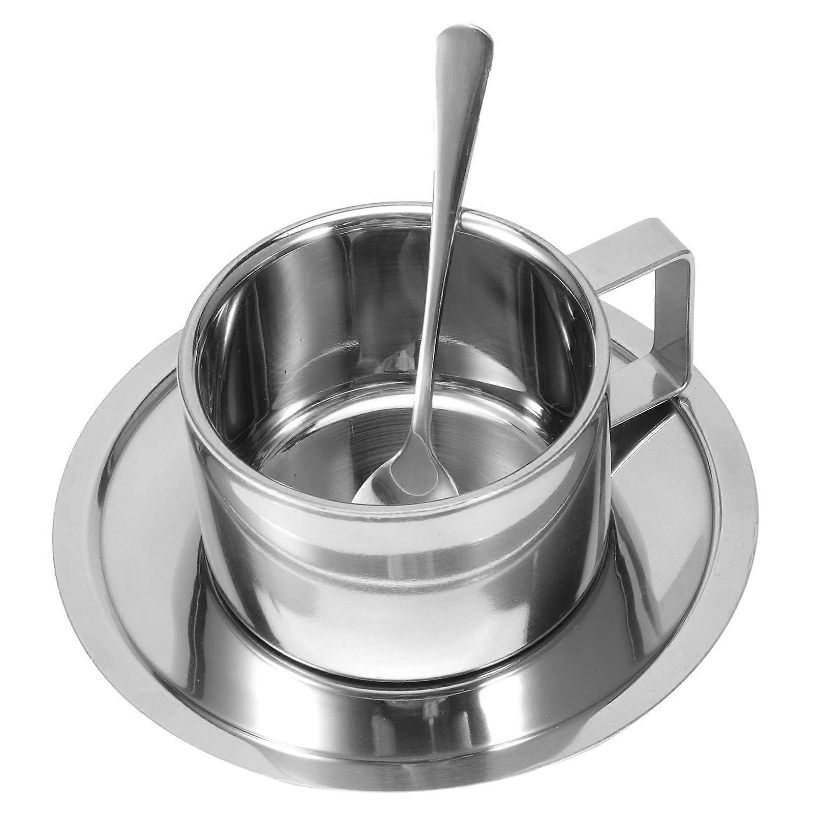 Stainless Steel Coffee Cup Mug Set Double Wall Insulated Includes Spoon and Saucer Satin Silver Finish