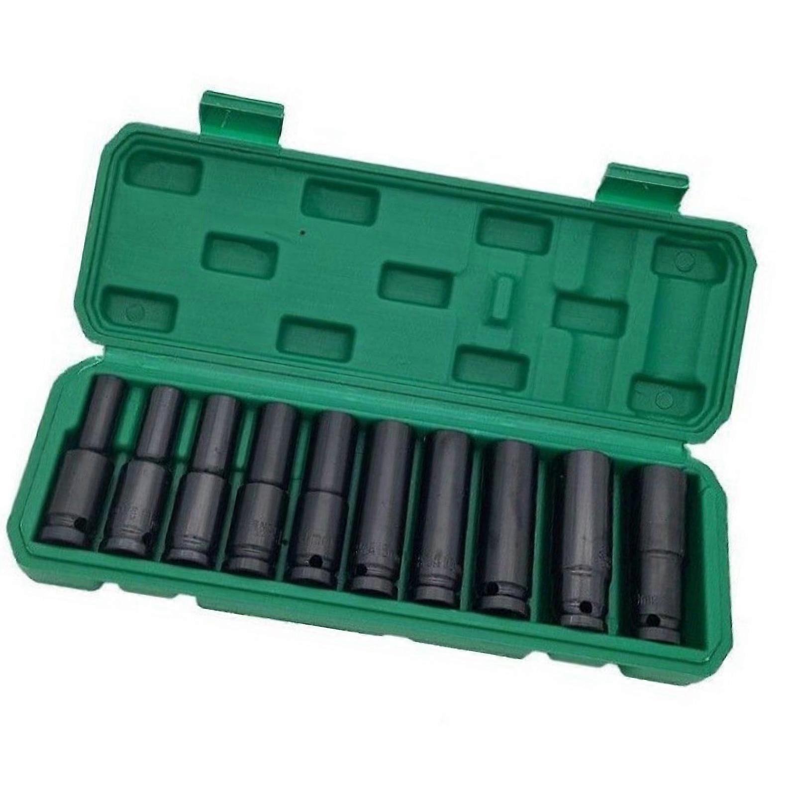 10Pcs Extended 1/2" Drive 6 Point Impact Sockets Kit Universal Power Tool Compatibility Mechanics Storage Case Included Multicolor