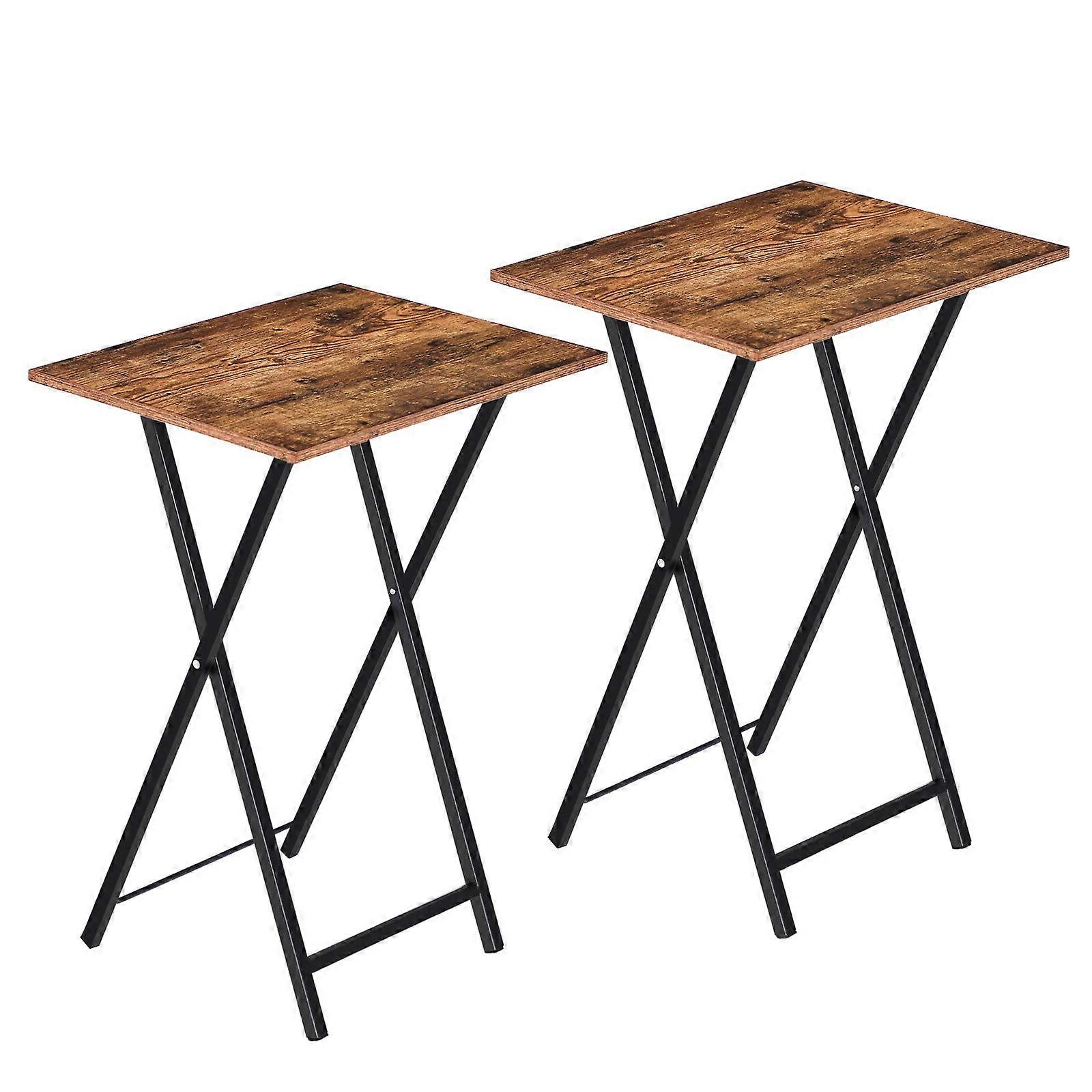 Set of 2 Folding TV Tray Tables Rustic Brown with Durable Metal Frame for Small Spaces and Couch