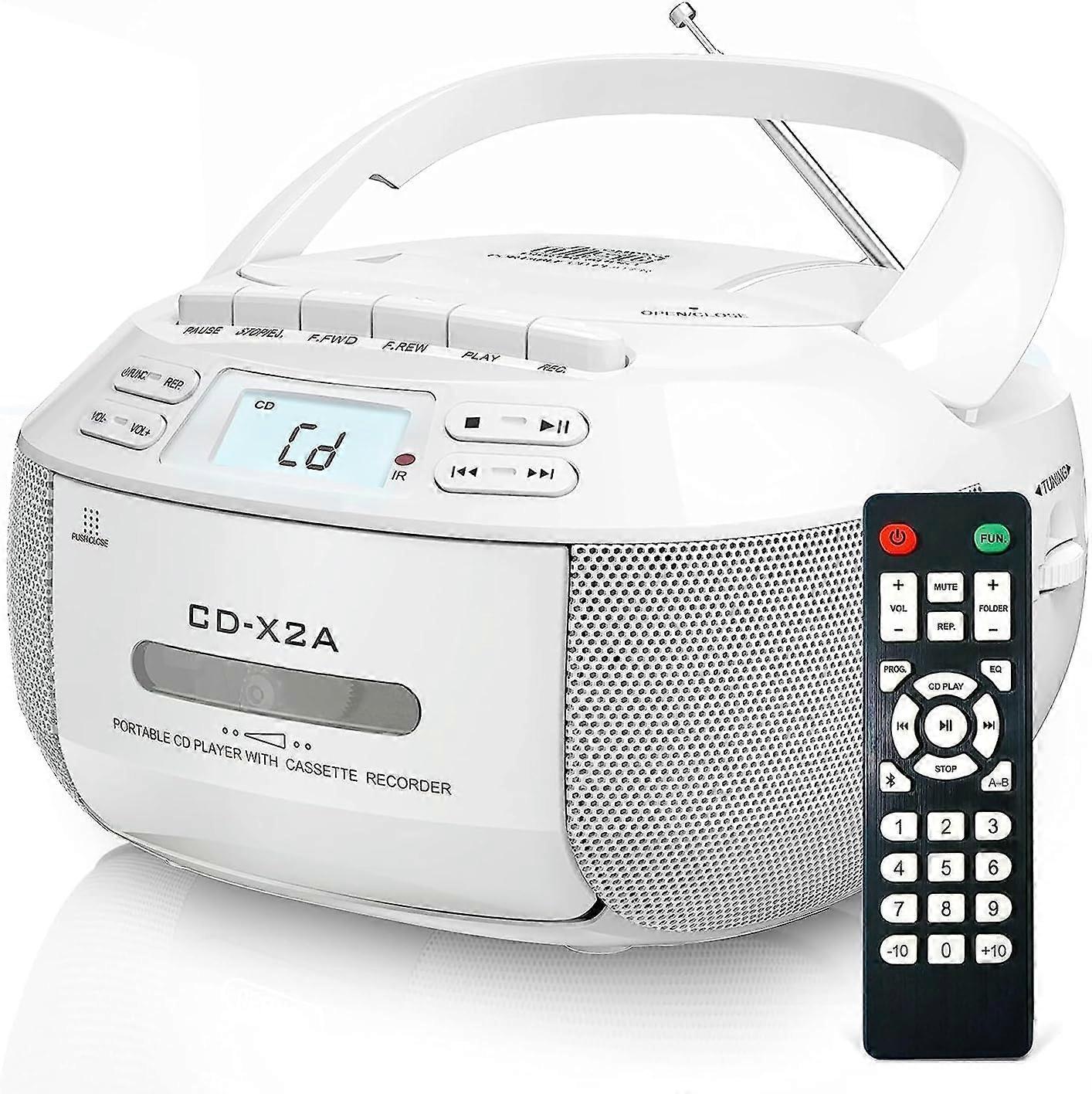 Bluetooth Boombox CD Cassette Player with AM FM Radio, Dual Stereo Speakers, Tape Record, White