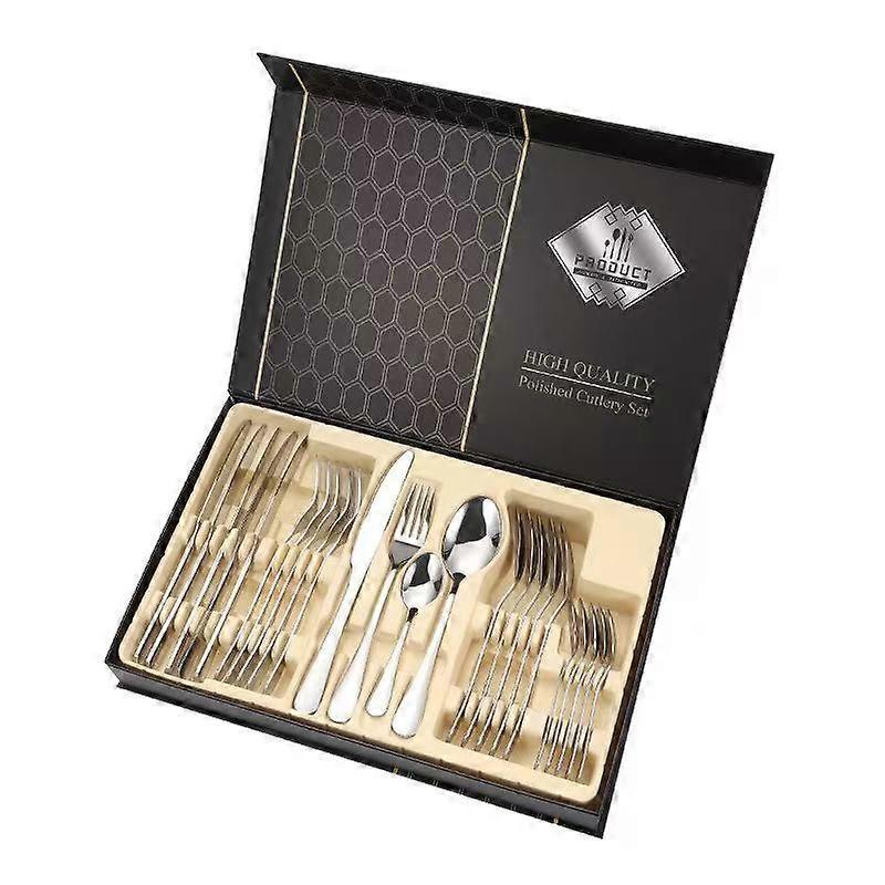 24 PCS Stainless Steel Silver Tableware Set Knife Fork Spoon Gift Box