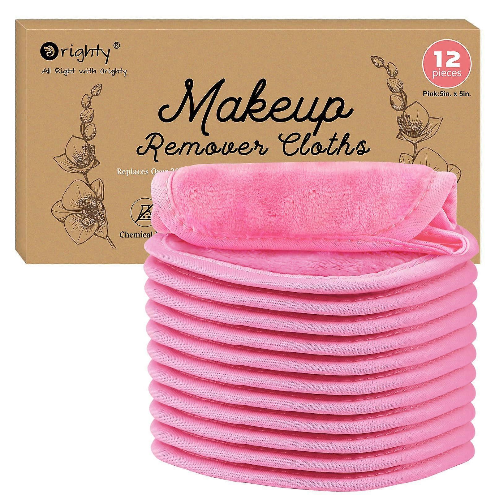 Makeup Remover Cloths 12 Pack, Reusable Microfiber Pads for WaterOnly Deep Face Cleansing, Pink