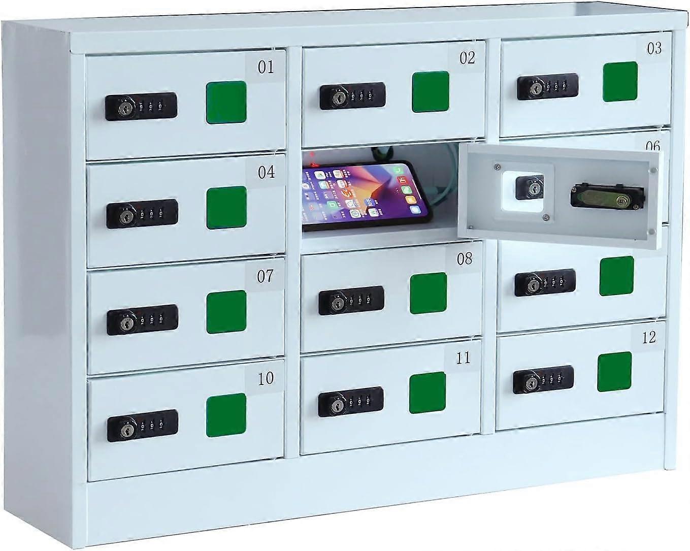12 Compartment Cell Phone Locker with Combination Lock, Steel Charging Station for Schools and Offices