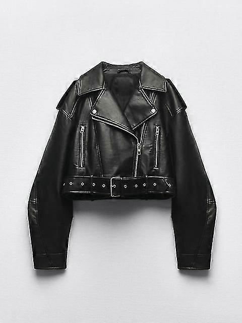 Faux Pu Leather Short Jacket With Belt, Motorcycle Biker Style, Women's Coats & Jackets