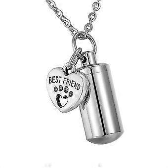Pet Paw Heart Charm Cylinder Memorial Urn Necklace Cremation Jewelry