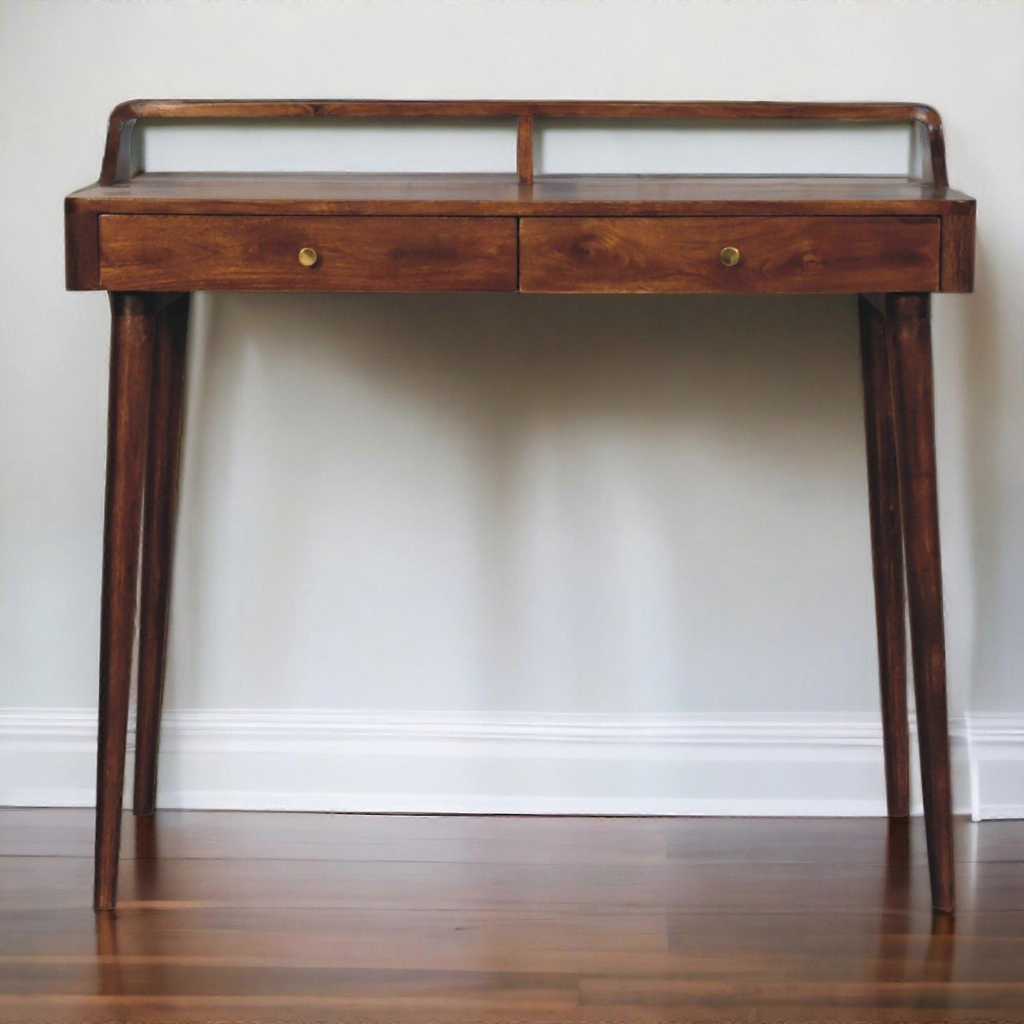 Solid Wood Elevated Chestnut Console Table, 2 Drawers, Dark Brown