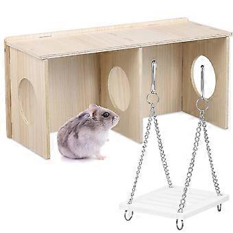 Wooden Hamster House for Small Animal Hideout with 4Pcs Swing Toy
