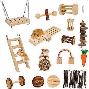 Hamsterspielzeug aus Holz, 15-teiliges Aktivitätsspielzeug für Kleintiere - Naturholz, Kauspielzeug für den Haustierkäfig