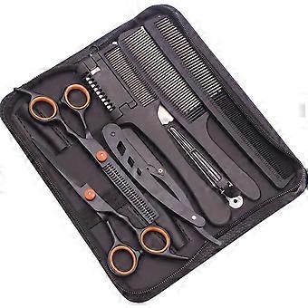 9-Piece Professional Hair Cutting Scissors Set Black Orange Stainless Steel