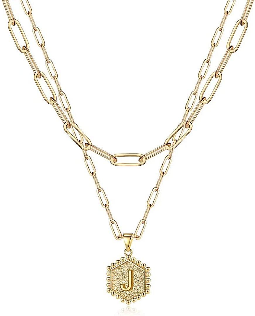 Délicat couches colliers initiales pour femmes, collier chaîne trombone plaqué or 14 carats Simple mignon hexagone lettre pendentif initiale collier ras de cou or L