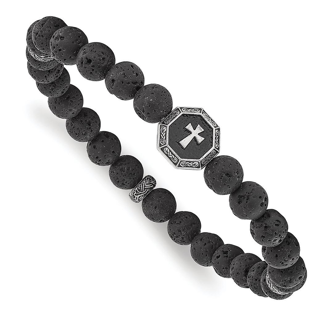 Stainless Steel Artisan Oxidized and Brushed Religious Faith Cross 8.5mm Lava Stone Beaded Stretch Bracelet-Stretch-Brac