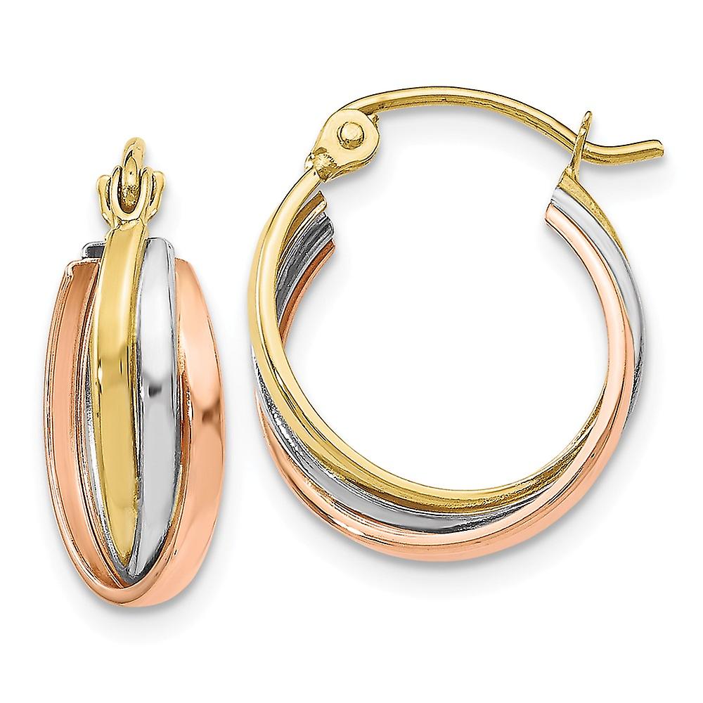 10k Tri Color Twisted Gold Polished Hinged Hoop Earrings 14x14mm Wide 3mm Thick-Hoop Earring for Women