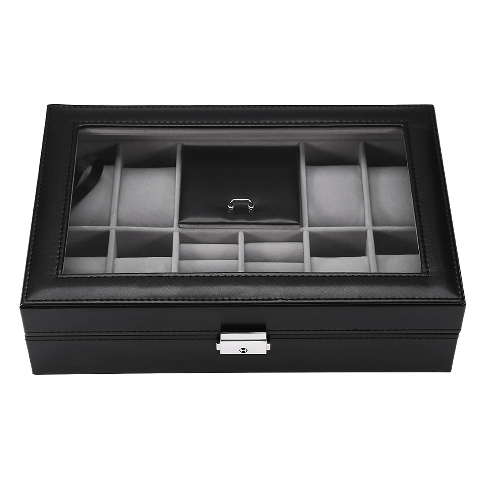 Multi Functional 8 Slots 2 Grids Watch Display Case Ring Jewelry Storage Box Organizer