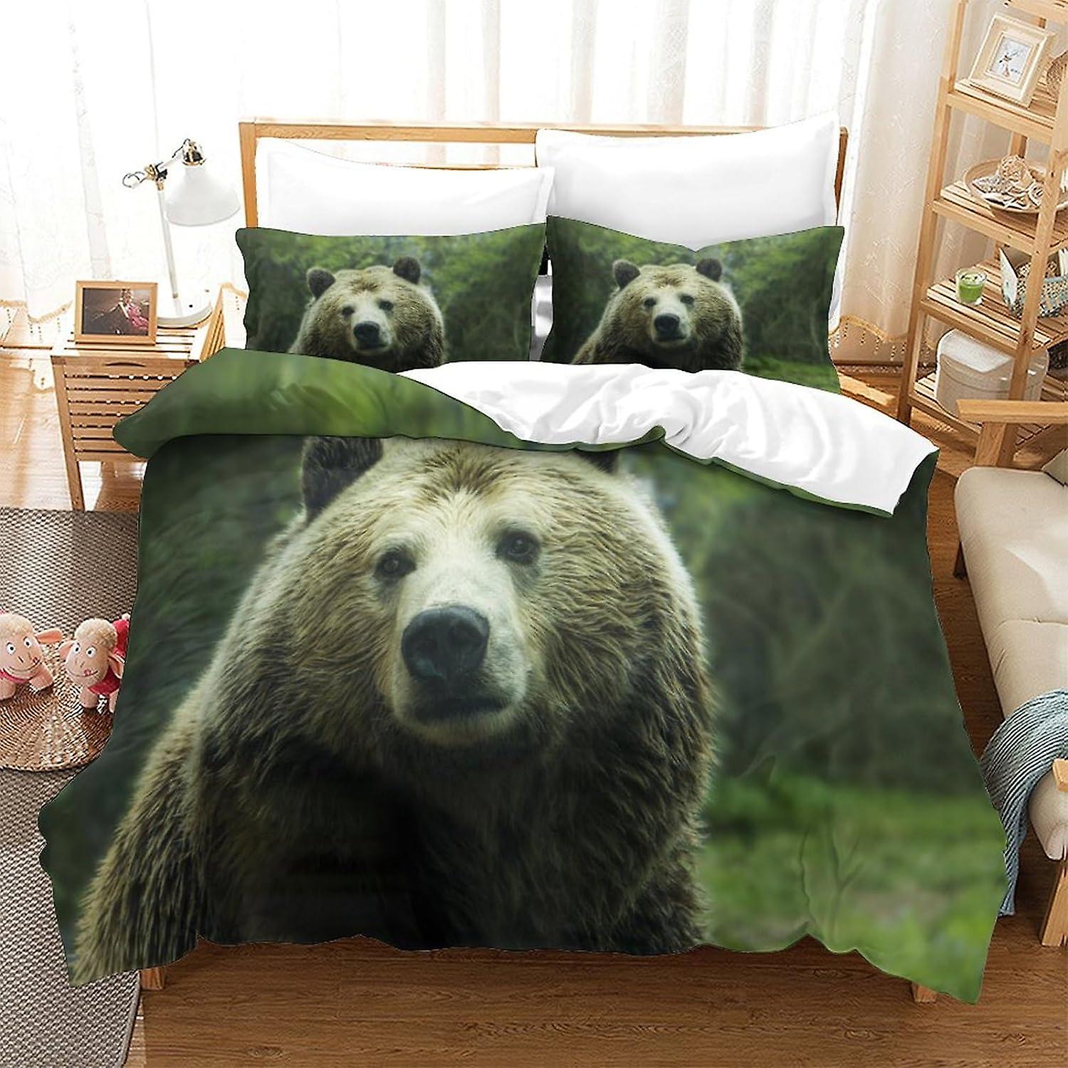 SFYYAYJJ Ensemble de literie Double Taille Literie Grizzly Housse de couette imprimée Housse de couette en microfibre hypoallergénique super douce avec taie d’oreiller avec Zipeer Clos