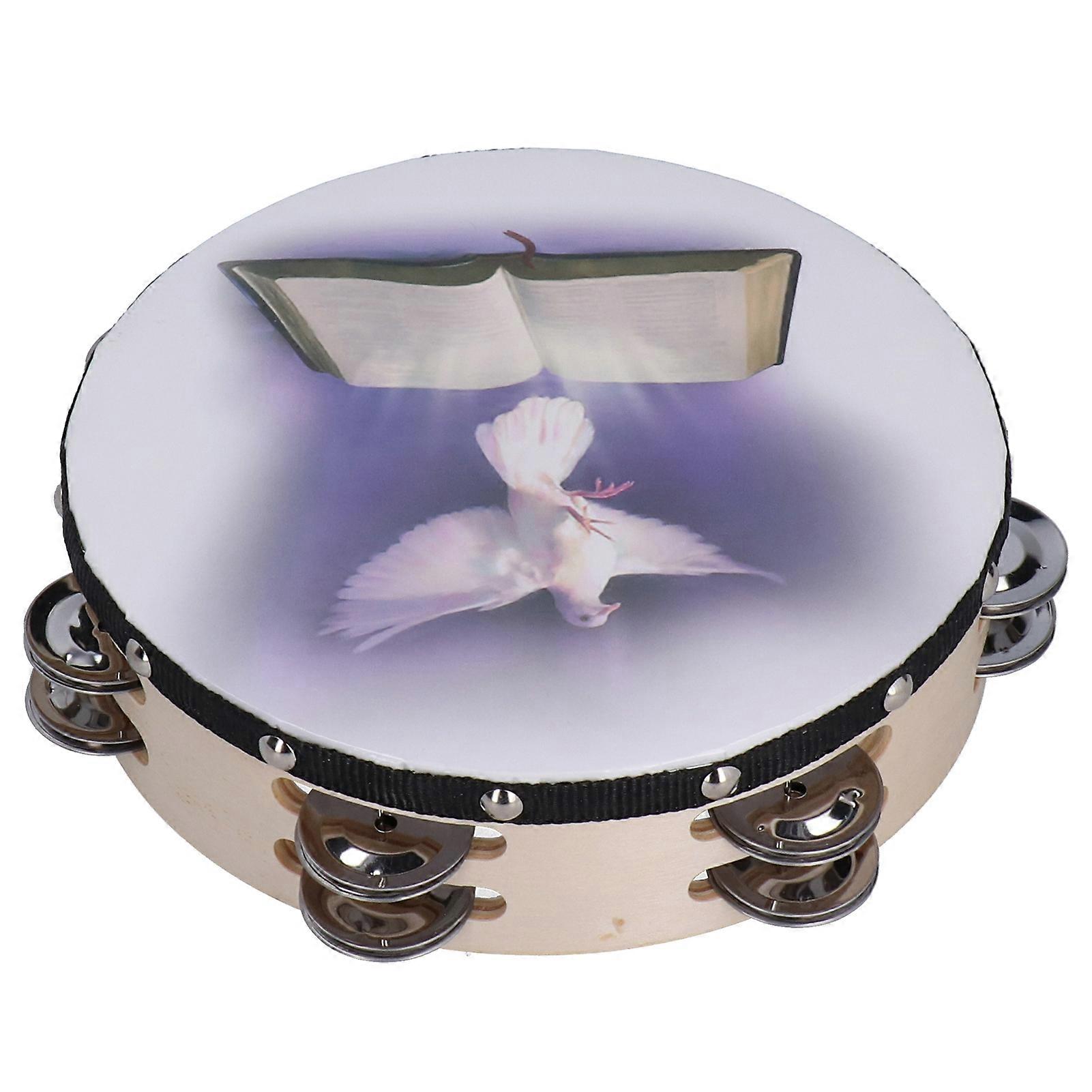 8 Inch Handbell Tambourine Clap Drum Row Jingle Double Layer Percussion Instrumentbible And Pigeon Pattern
