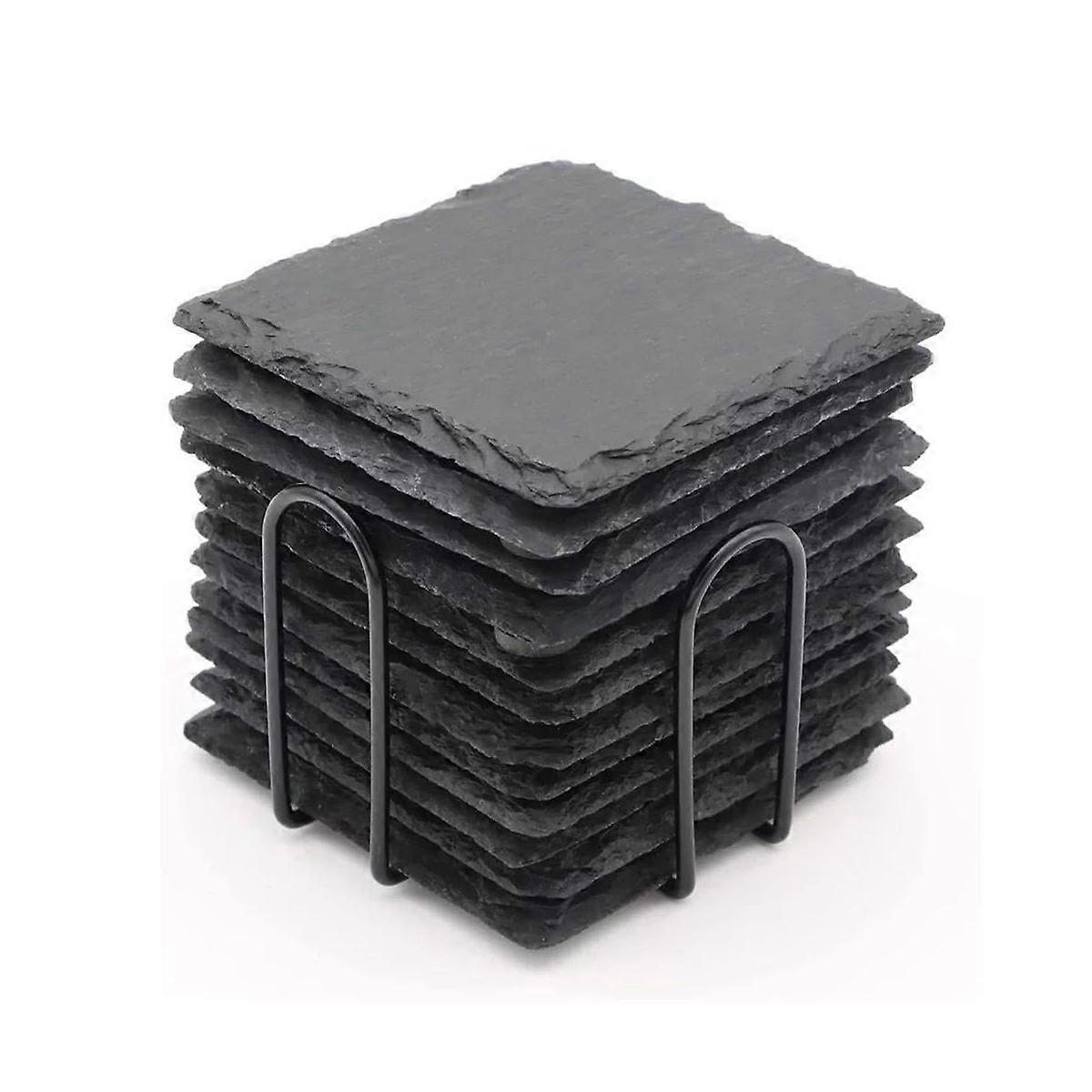 12PCS Coasters Bulk 4 Inch Square Black Stone Coaster Handmade Drink Bar Coasters with Shelves