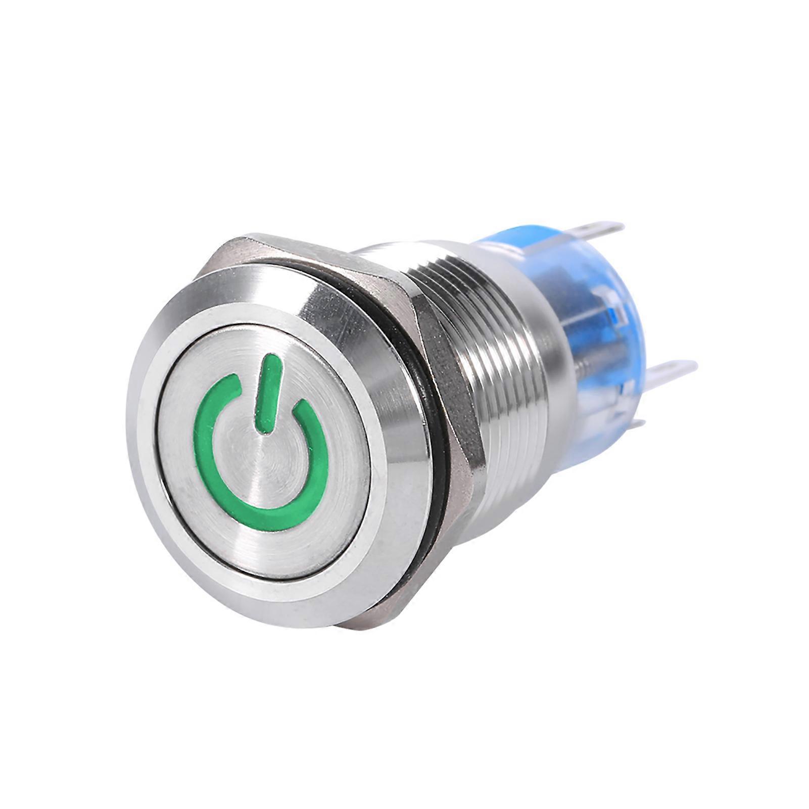 19mm 12V-24V Waterproof Stainless Selflocking Latching Push Button Power Switch Green LED