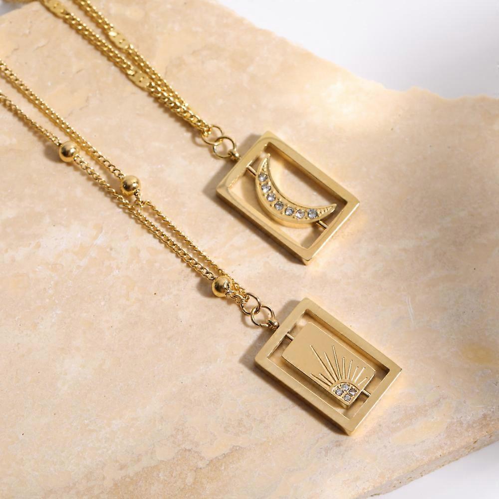 Moon Sun Square Pendant Necklace-2pack