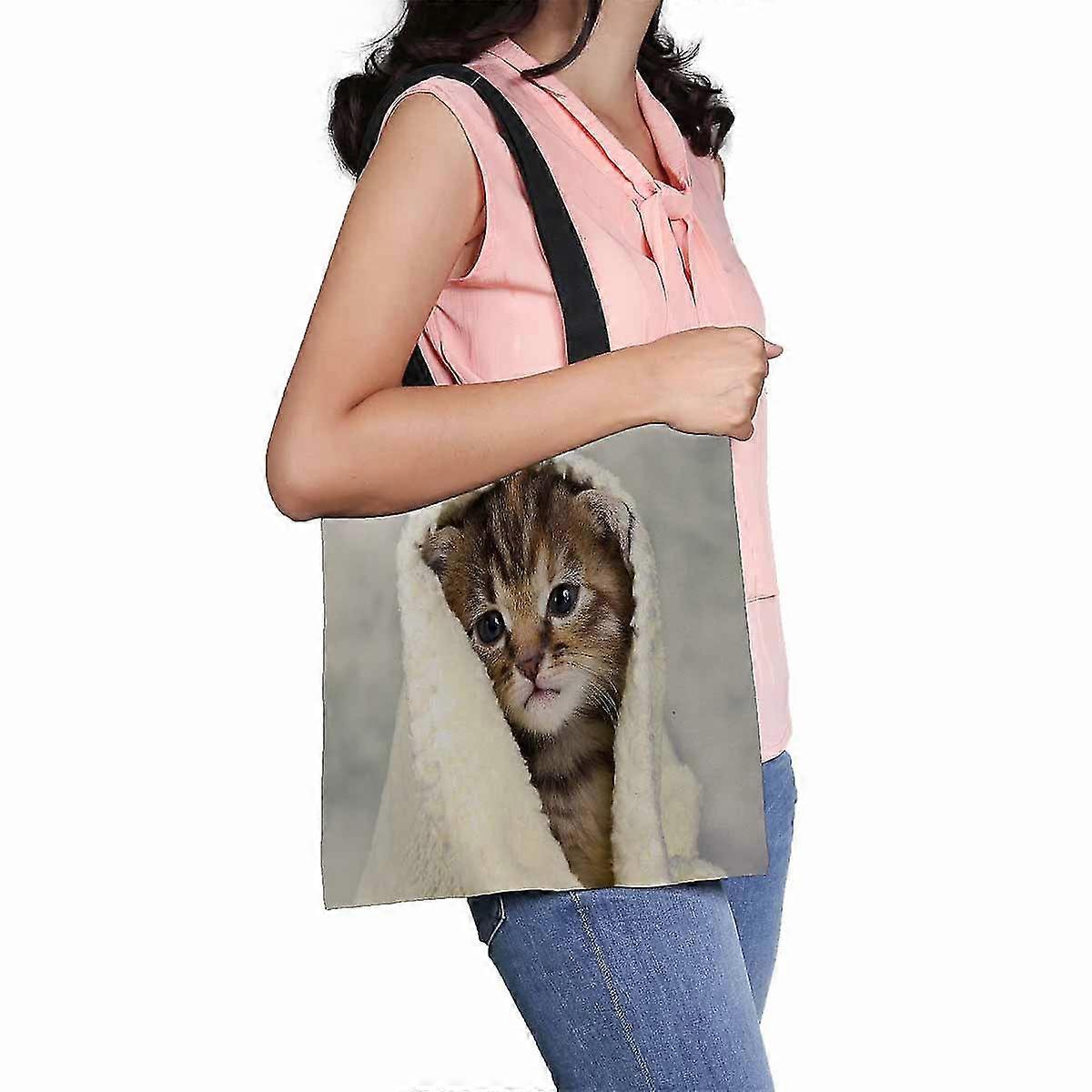 Kitten Closed In Towel Warm Sleepy Small White Canvas Shoulder