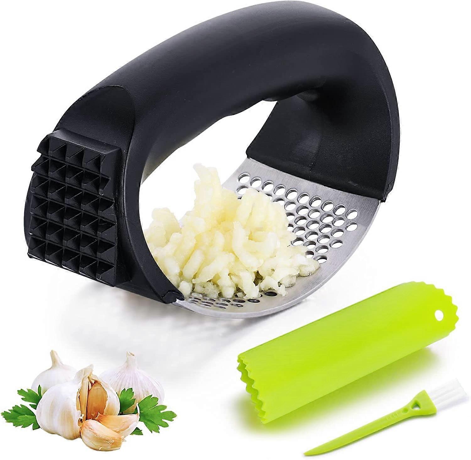 Knoblauchpresse Edelstahl, Knoblauchhacker mit 2 Stück Knoblauchschäler, robuste Küchenhelfer Knoblauchhacker Knoblauchmühle mit ergonomischem Griff, Garli