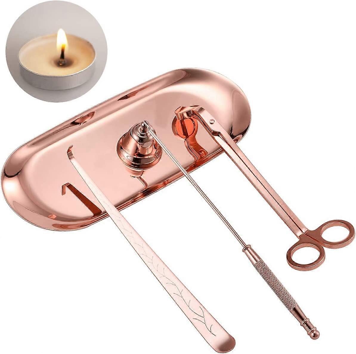 4 in 1 candle accessory set - candle wick trimmer, candle wick ladle, candle wick snuffer, storage tray, rose gold