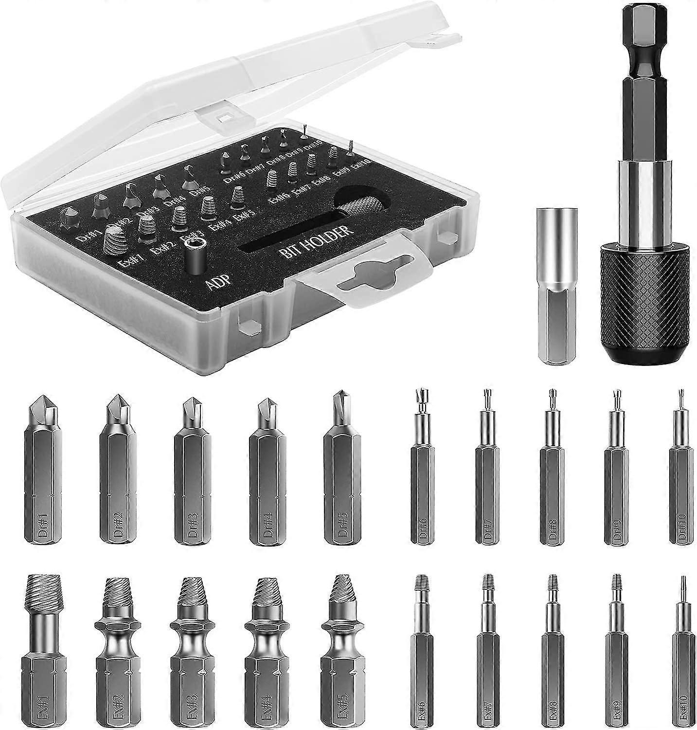 Broken Screw Extractor Kit, 22 Pcs Upgraded Hss 4341 Alloy Steel Extraction Tools With Drill Bits 2 Magnetic Extension Bit Holders Socket Adapter, Bla