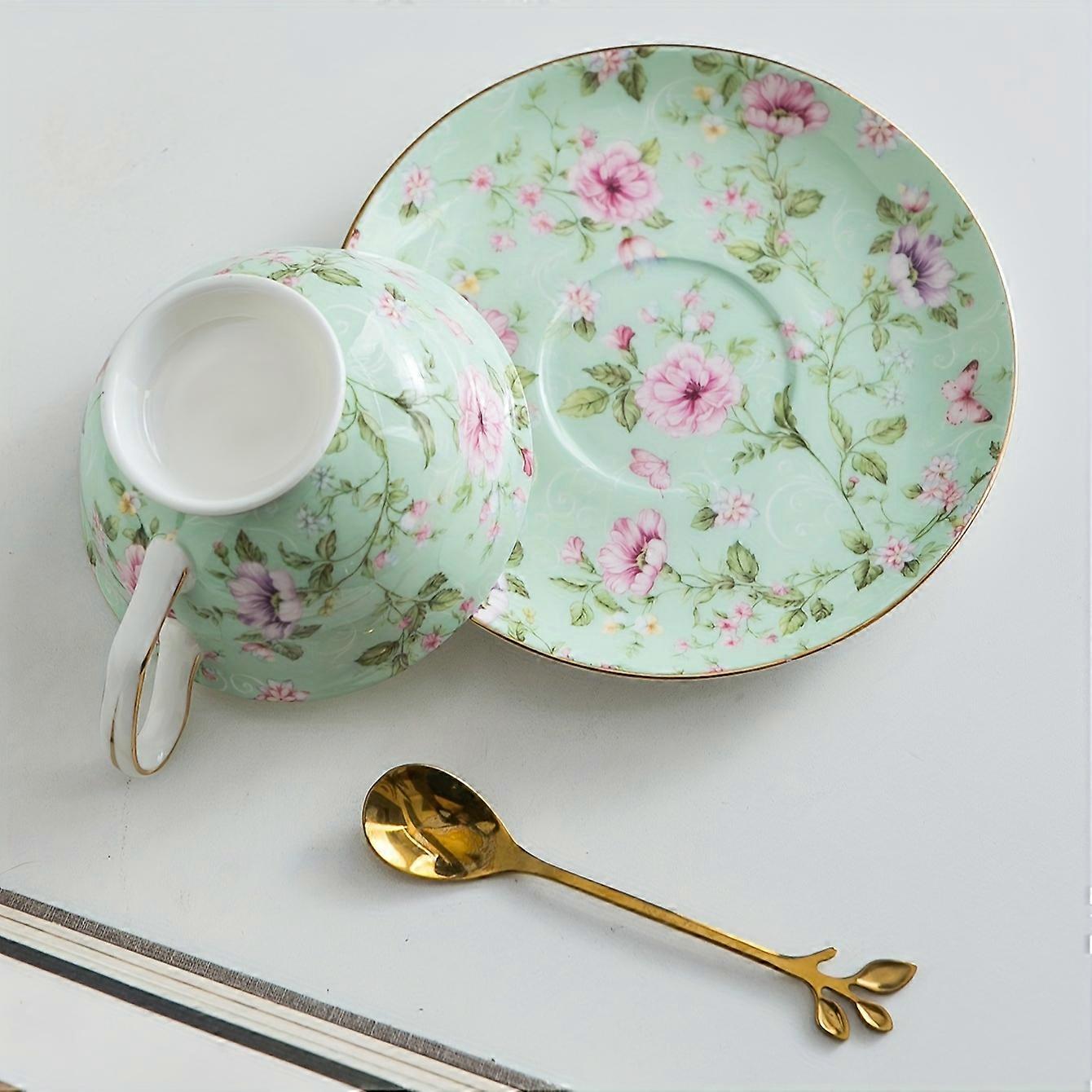 Charming 210ml Bone China Teacup & Saucer Set - Idyllic Pastoral Style for Gatherings, Afternoon Tea & More - Versatile Summer to Winter Drinkware wit