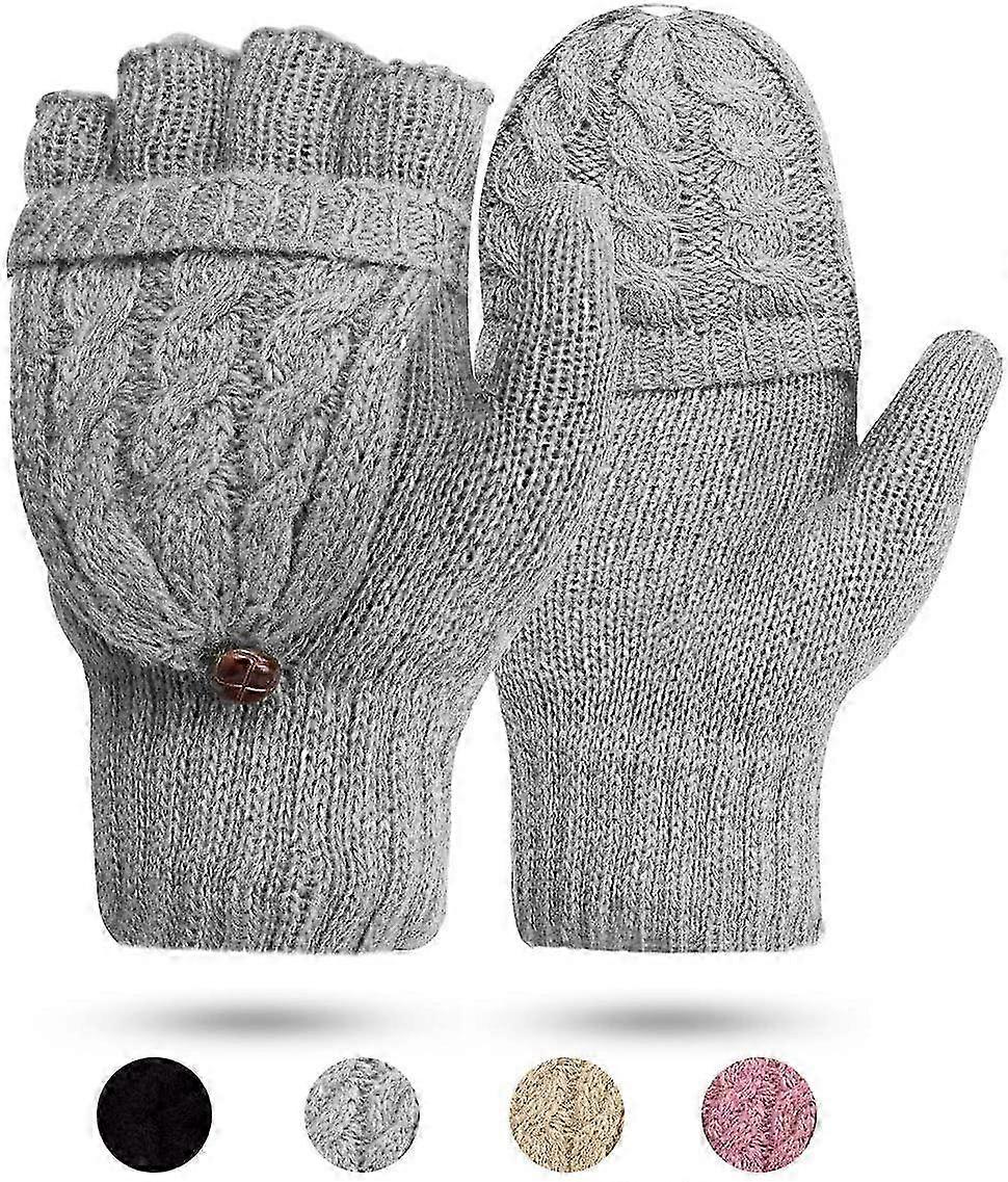 女性の手袋指なしミトン - レディースグローブ冬の暖かいニット指なし手袋ウールミトンフラップカバーテキストメッセージ手袋グレー