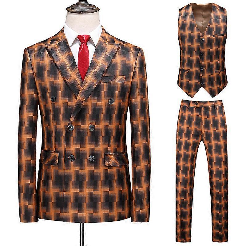 Men's 3 Piece Plaid Suits Double Breasted Jacket