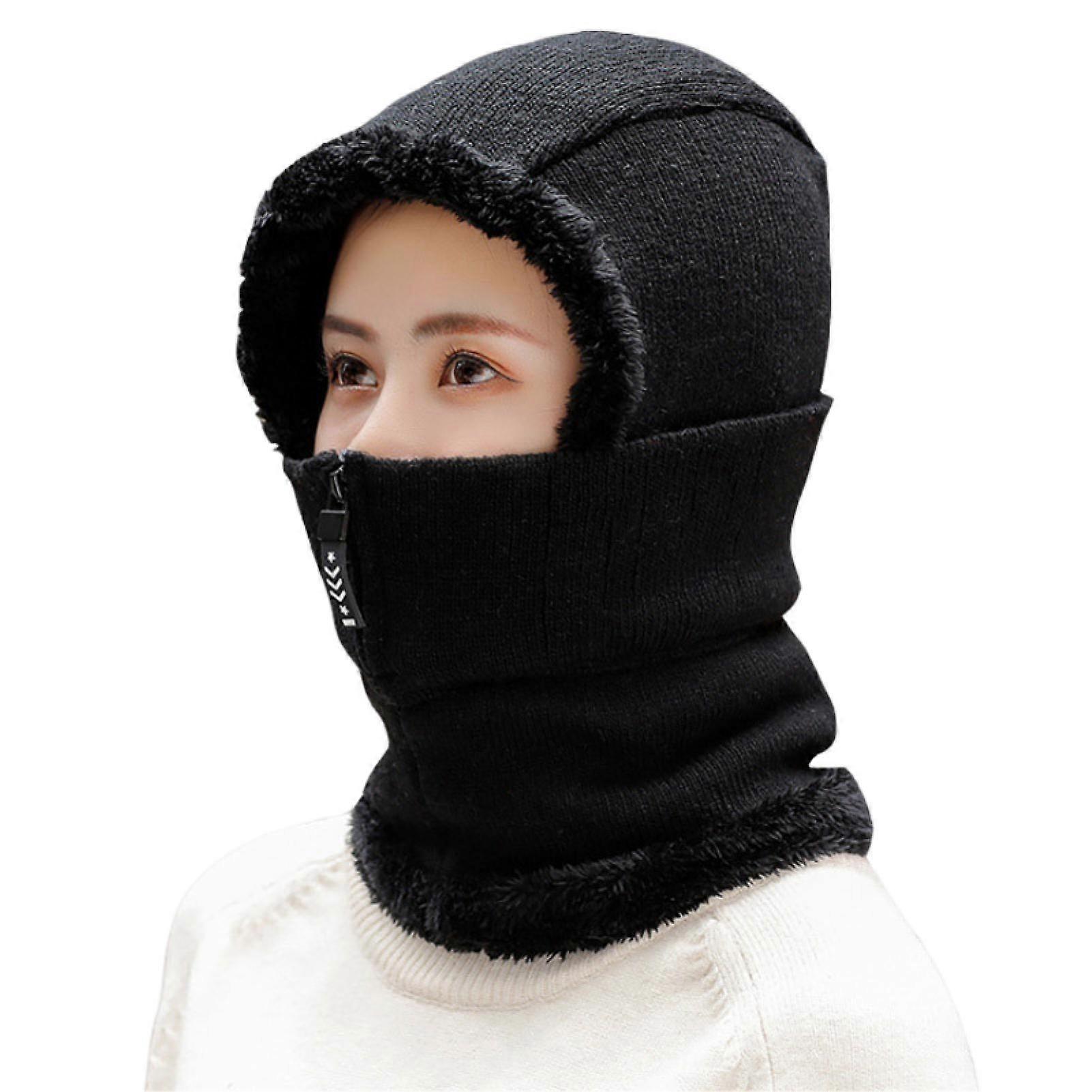 Winter Cycling Hat with Integrated Face Shield And Neck Warmer Zipper Closure Windproof Thick Plush Full Protection Outdoor Scarf Cold Weather Headwea