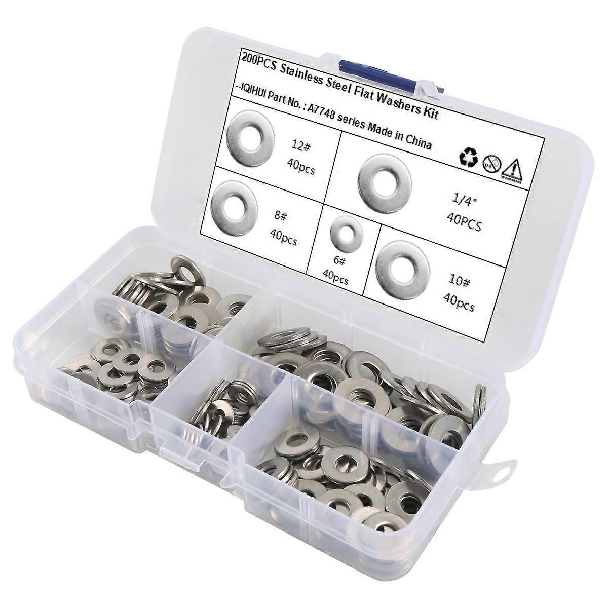 Type A A7748 200Pcs Assorted 12# 10# 8# 6# 1/4" 304 Stainless Steel Flat Washers