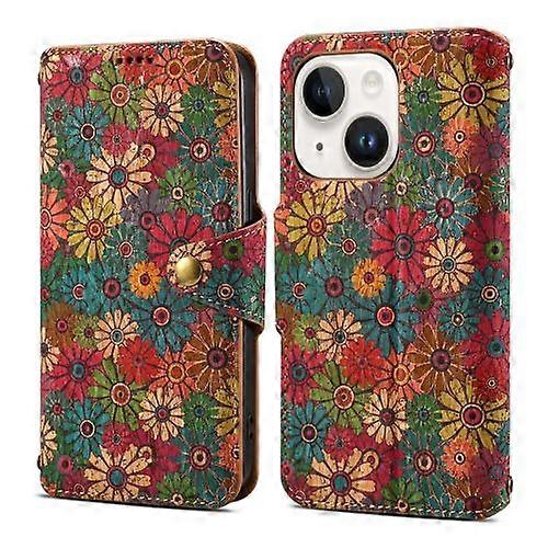 For iPhone 15 Denior Flower Language Series Cork Fabric Oil Edge Leather Phone Case