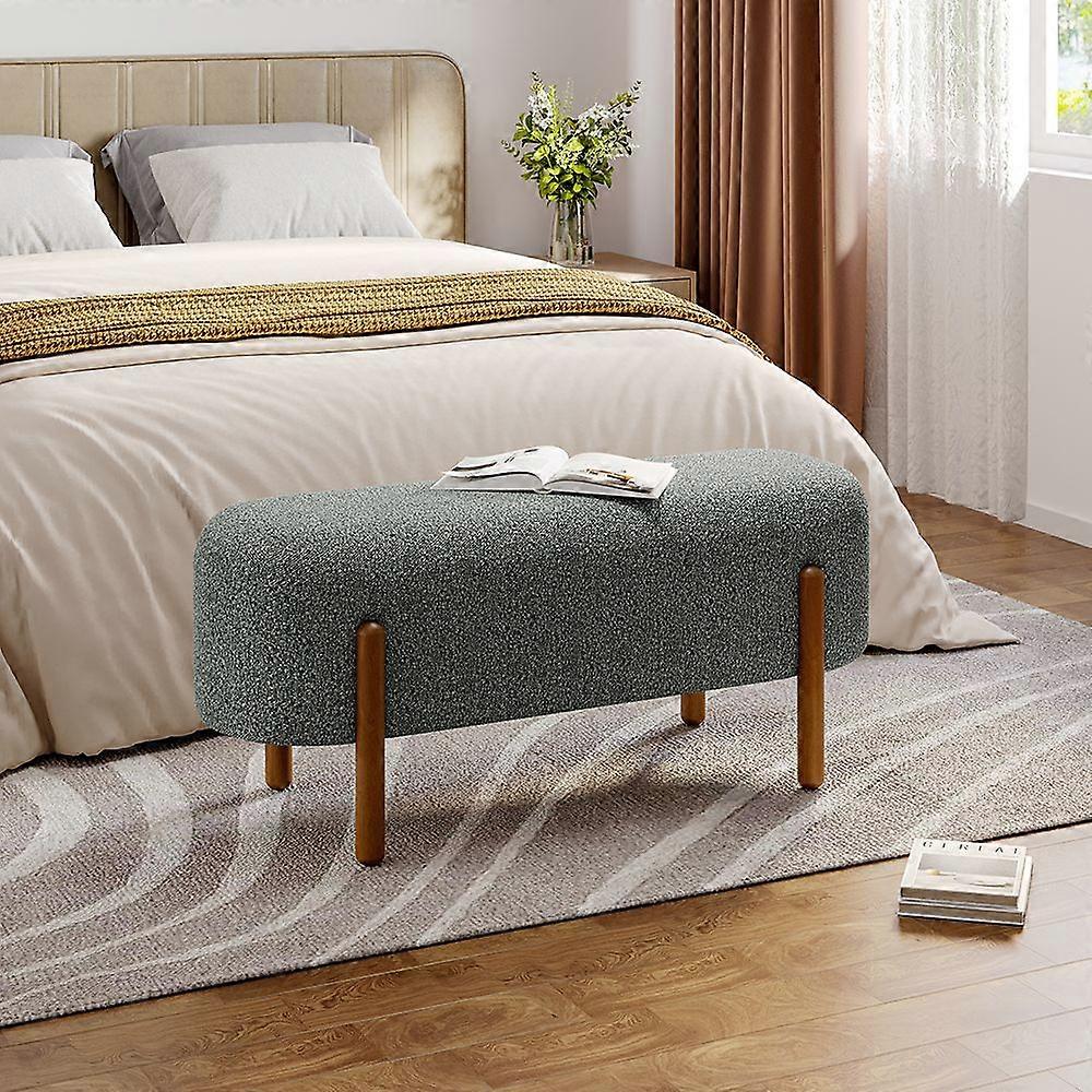 Ottoman Bench Upholstered Rectangular Seat with Walnut Legs Grey