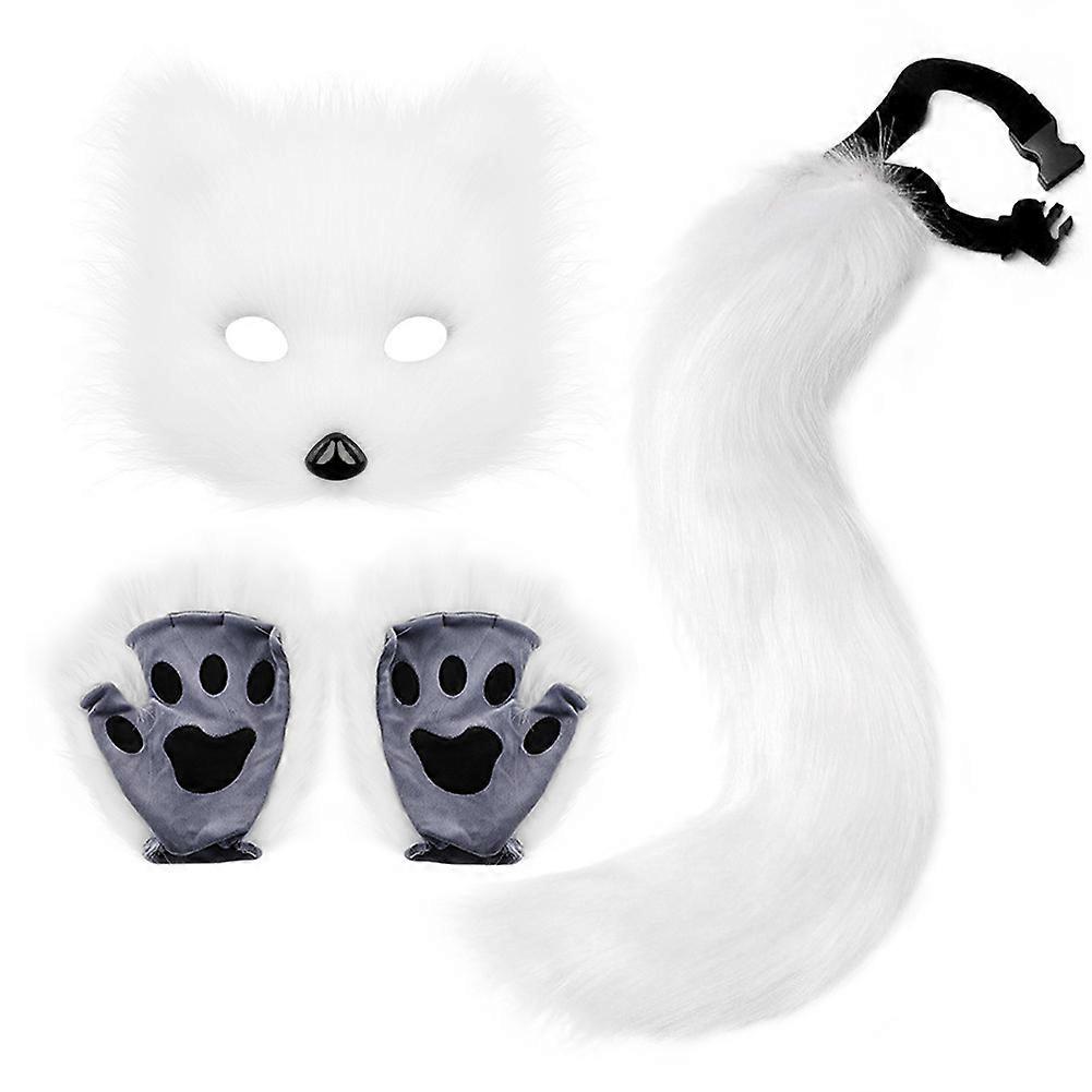 Halloween set simulation fox mask gloves plush fox tail hand-made animal tail cos props accessories.white-jc