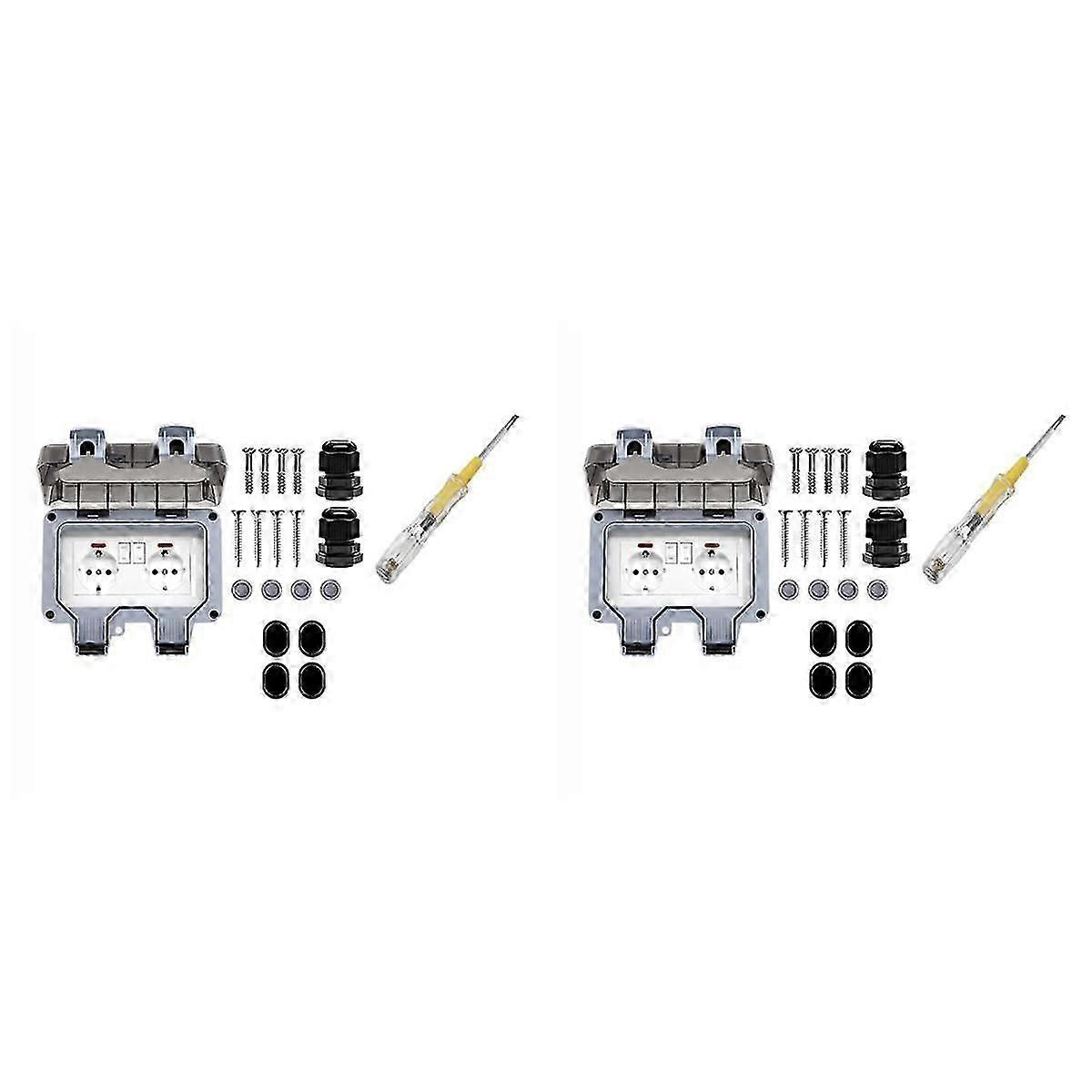 2X Outdoor Socket Waterproof Socket with Switch Indicator Light, Wall Socket Wet Room Surface-Mount