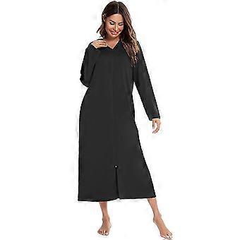 Hirsch Damen Bademantel mit Kapuze Bademäntel mit Reißverschluss Länge Ärmel Stricken Weiches Nachthemd Kimono Reißverschluss Hausmantel Lounger Hoodie L schwarz